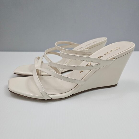 Stuart Weitzman Strapeze 85 Wedge Womens 10 Ivory Leather Strappy Sandal Slide - Picture 11 of 11